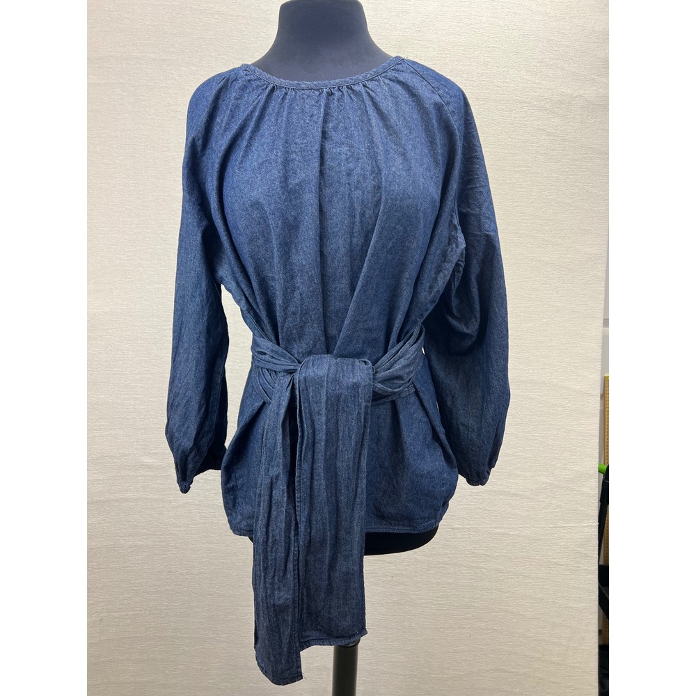 Eloquii Womens Size 16 Dramatic Peplum Denim Wrap Tie Waist Tunic Blouse - Picture 14 of 15
